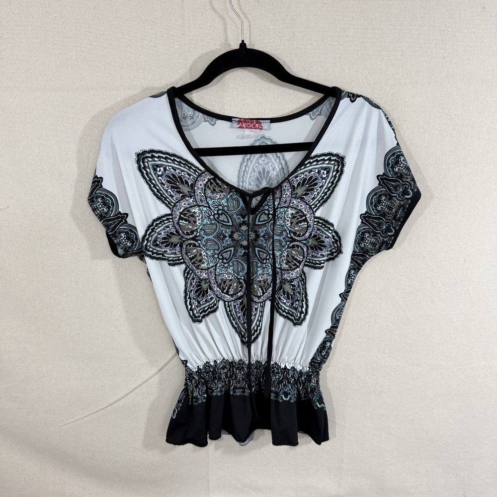 Carol Rose Mandala Paisley Peplum Top White Black Blue Smocked Waist Small